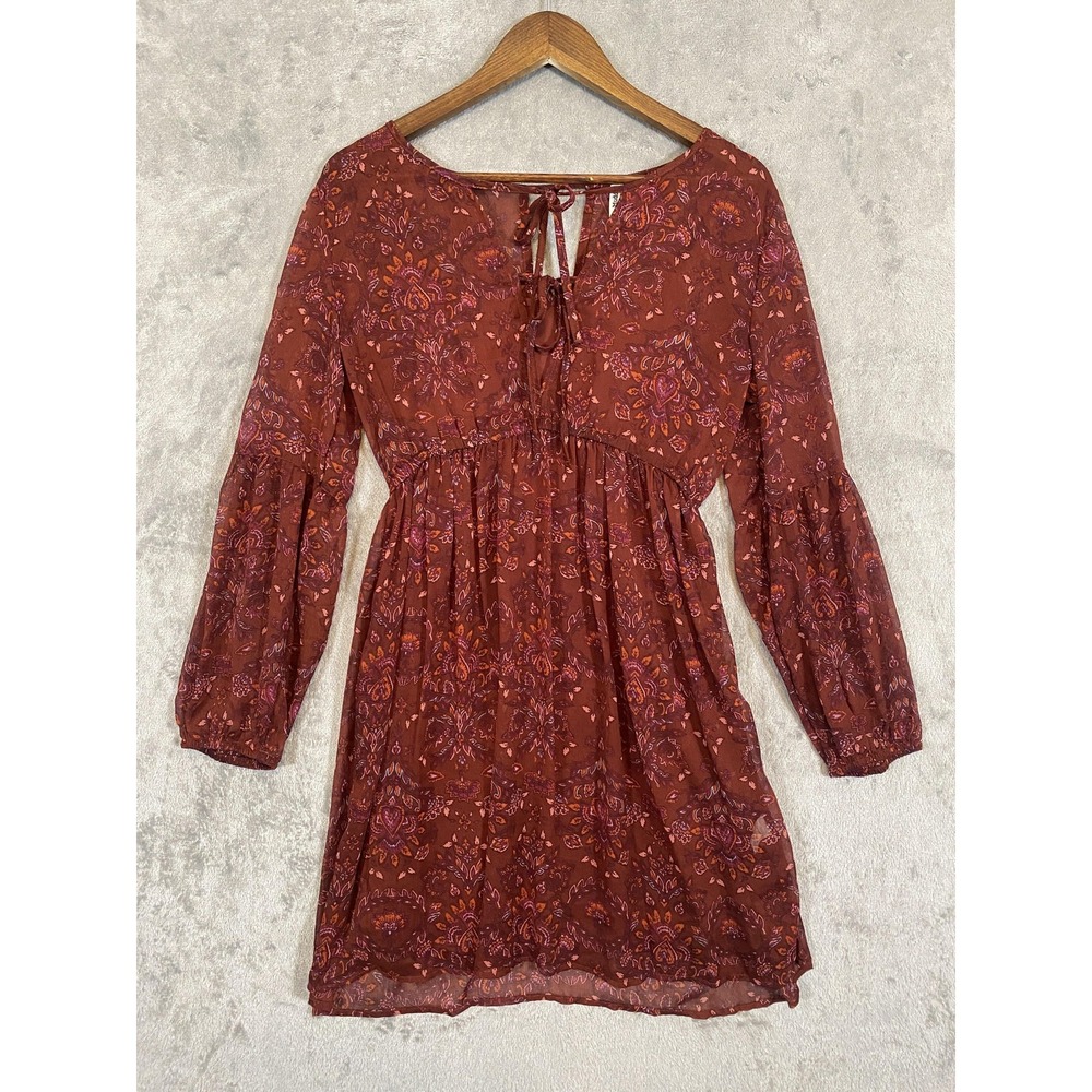 Mudd Dress Womens Sz M Rust Red Boho Paisley Sheer Lined Tie Front Short Peasant